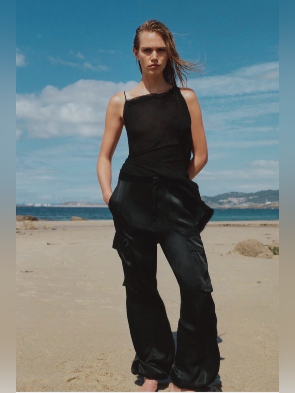 ZARA NWOT Satin Effect Cargo Pants Black Size Medium